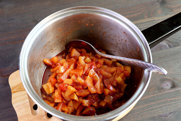 Pot of just cooked caramelized homemade apple compote