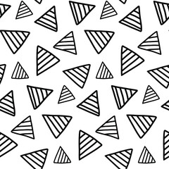 Vector black triangles on white background seamless pattern. Geometrical monochrome print. Doodle geometric shapes ornament for textile, fabric, wrapping paper, wallpaper, scrapbooking and decoration.