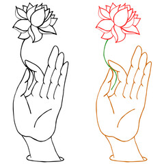 Palm in mudra with lotus flower lined vector illustration