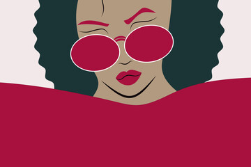 Fototapeta na wymiar Girl pop portrait in vivid colors. Abstract flat and simple illustration of attractive lady or fashion model in red. Poster in retro style. Sunglasses, lipstick, curly hairstyle.