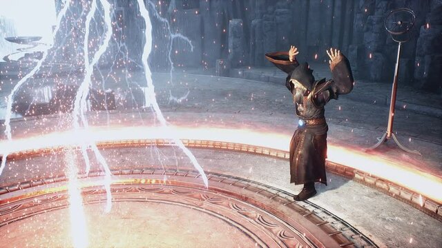 The wizard creates a magical whirlwind in his ancient mystical castle. The animation is for fantasy, magical or historical backgrounds.