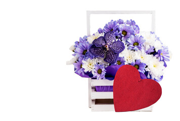Festive basket with chrysanthemums and orchids on a white background Greeting card with a red heart