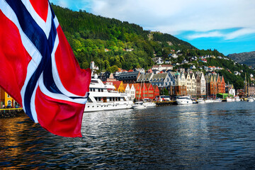 Norwegian flag with the port of Bergen