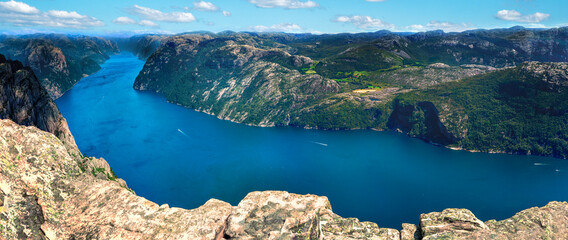 Lysefjord aerial panoramic view from the top of the Preikestolen cliff near Stavanger.
