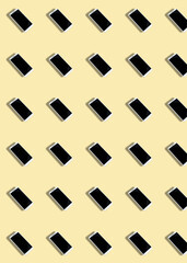 A pattern with a white smartphone on a beige background. Background of gadgets.