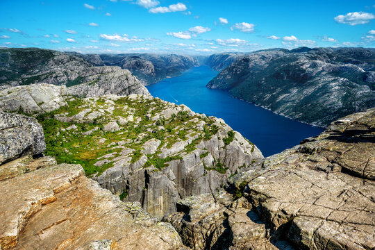 Lysefjord aerial panoramic view from the top of the Preikestolen cliff near Stavanger.