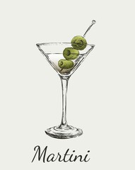 Sketch Martini Cocktails with Olives Vector Hand Drawn Illustration. vodka. Happy Hour. Gin