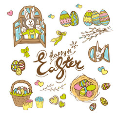 Colorful set with hare and bunnies, bunny, colored eggs and lettering Happy Easter. Cartoon animal character element on white background. Hand drawn vector illustration for festive holiday design.