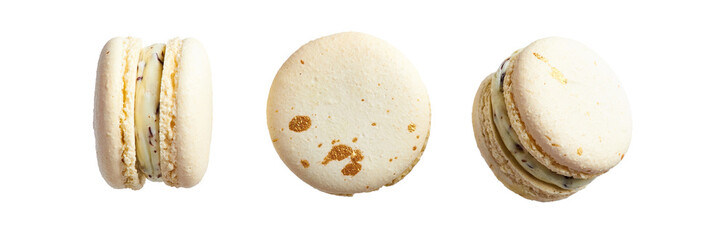 French macaron beige light taste vanilla caramel and chocolate chip with golden splashes on surface of cookies isolated on white background. Sweet cookies macaron in different camera angles.