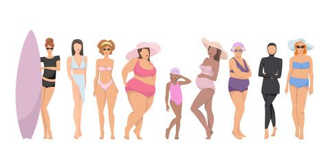 Different figures of women in swimwear, positive body movement. Female body types and sizes in bathing suits. Swimwear designer for body positivity.