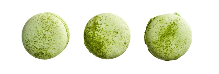 Foto op Canvas Traditional french cookie macaron green light with flavor lemongrass and matcha isolated on white background. Sweet cookies macaron in different camera angles. © PINKASEVICH