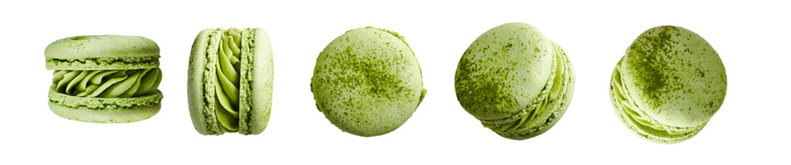 Traditional french cookie macaron green light with flavor lemongrass and matcha isolated on white background. Sweet cookies macaron in different camera angles.