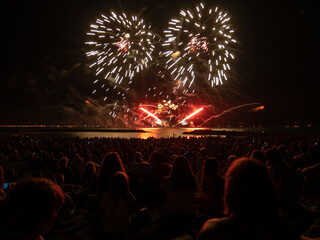 Crowd watching fireworks on beach