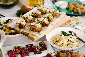 Festive table full of delicious food and snacks, beautiful serving, catering, bruschetta with pate, fruit