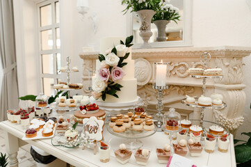 a lovely wedding cake standing among the candy bar. sweet table. banquet table. holiday food. sweet festive table.