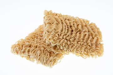 Dry uncooked instant noodles isolated on white background.