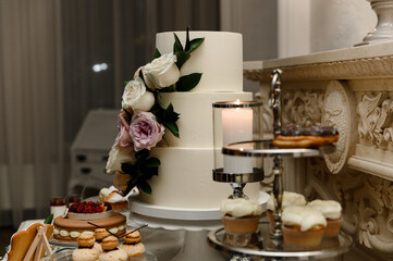 a lovely wedding cake standing among the candy bar. sweet table. banquet table. holiday food. sweet festive table.