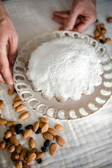 Homemade vanilla cake with raisins. Selective focus. Copy space for your text.