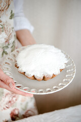 Homemade vanilla cake with raisins. Selective focus. Copy space for your text.
