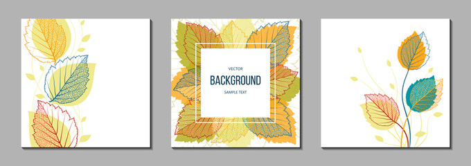 Floral vector templates with leaves. Plant print for holiday posters, greeting cards, covers, banners, invitations. Natural trendy design. Set of textured backgrounds. Botanical art.