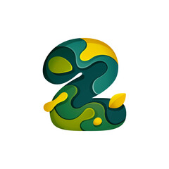 Paper cut number two logo. Layer carving style effect icon.