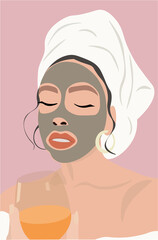 Girl in SPA with mask, wine and towel on her head