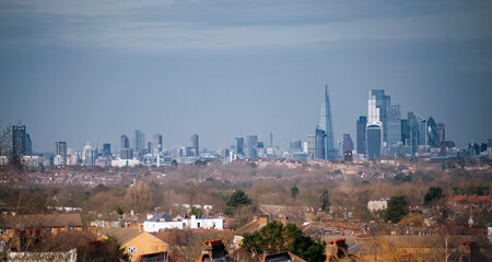 London, UK - February 20th 2021: View of the London skyline from Norwood Park 