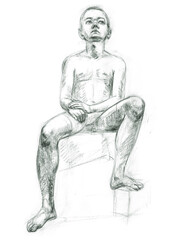 Fototapeta na wymiar Academic figure drawing of a young guy. Hand-drawing in pencil