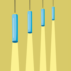 Modern ceiling lamp in cartoon style. A chandelier hanging on a cable with the light on. An element of a modern interior. Vector illustration.