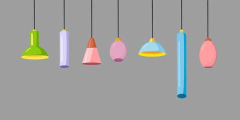 A set of hanging lamps of different shapes and colors on a gray background. Vector illustration.