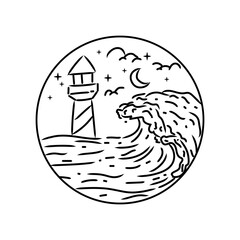 Lighthouse and wave beach monoline design vector