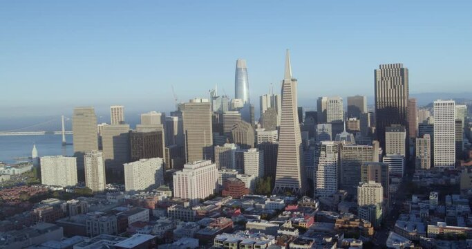 Aerial Panning Shot of Downtown San Francisco and Oakland Bay Bridge
