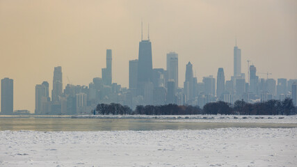 A frosty afternoon on Lake Michigan overlooking downtown Chicago sunset