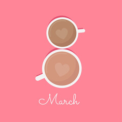 View from above with two cups of coffee copy space. Background for woman day, 8 March. 8 March and Women's Day concept.
