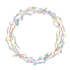 Watercolor Easter clipart . A wreath of blooming pussy willow branches.