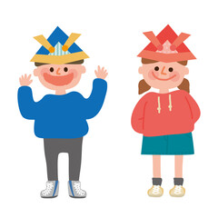 子供の日　兜をかぶった子供たち