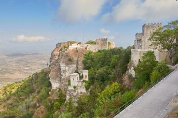 Obraz premium Tourists visit the Castello di Venere, is a medieval and Norman castle located in Erice, Trapani, Sicily, Italy