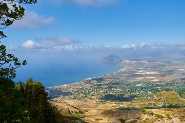 Panoramic view of the Tyrrhenian coast with Mount Cofano seen from the castle of Erice, province of Trapani, Sicily, Italy