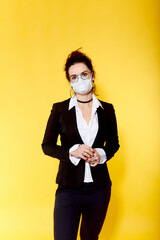 Business woman in glasses  wearing protective mask to Prevention for Coronavirus or Covid-19 Outbreak Situation - Concept, contagious disease, healthcare and Business.  Brunette