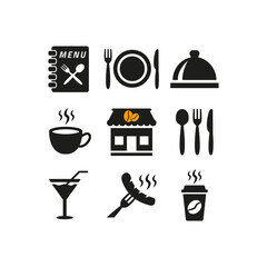 Restaurant and cafe icons set on white background.