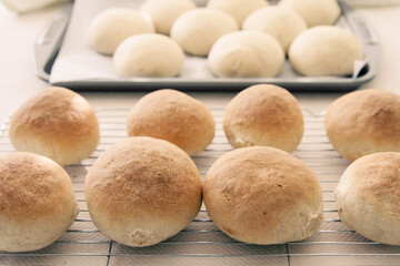 Delicious crusty homemade buns fresh out of the oven on a cooling rack; Tray of buns ready to be...
