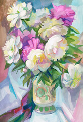 Peonies in a vase. Still life with a bouquet of flowers. Gouache painting