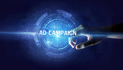 Hand touching AD CAMPAIGN button, modern business technology concept