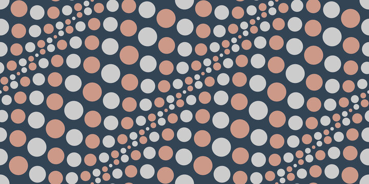 Seamless pattern. Pale orange and light gray circles. Dark blue background. Dotted textures, motives. For textile and decoration. Repeat graphic design. Geometric colorful images.