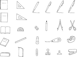 文具　アイコン　線画　モノクロ　セット