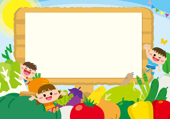 Obraz na płótnie Canvas 野菜と子どもたち　青空看板　フレーム