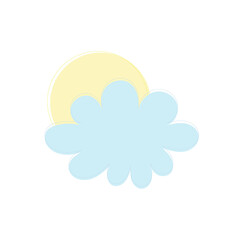 Yellow sun behind blue cloud, cute illustration with stroke lines. Can be used as an icon, single element, sign and symbol. Simple children's stock vector illustration isolated on white background