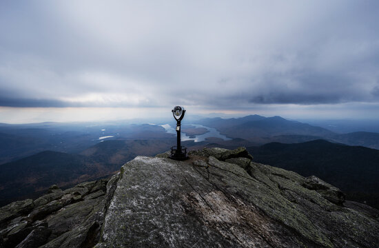 A coin-operated viewfinder overlooking Lake Placid, Adirondack mountains, Upstate New York, United States