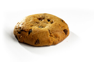 Chocolate cookies on white background. Chocolate chip cookies shot, side view