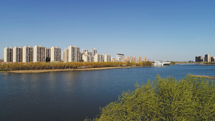 Obraz premium Waterfront City, architectural scenery, aerial photos, North China